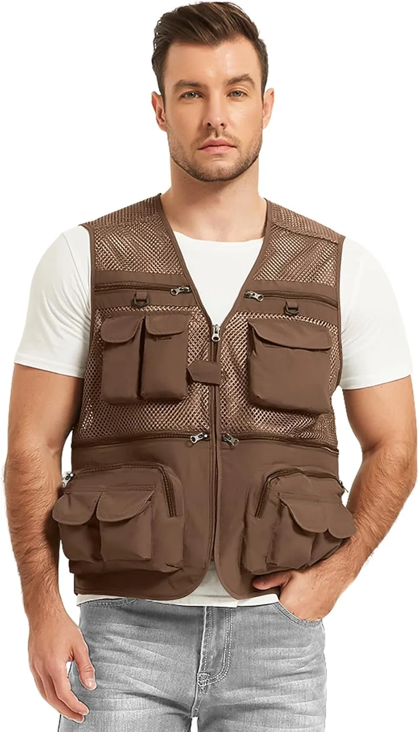 Flygo Mens Summer Outdoor Work Safari Fishing Travel Photo Vest with Pockets