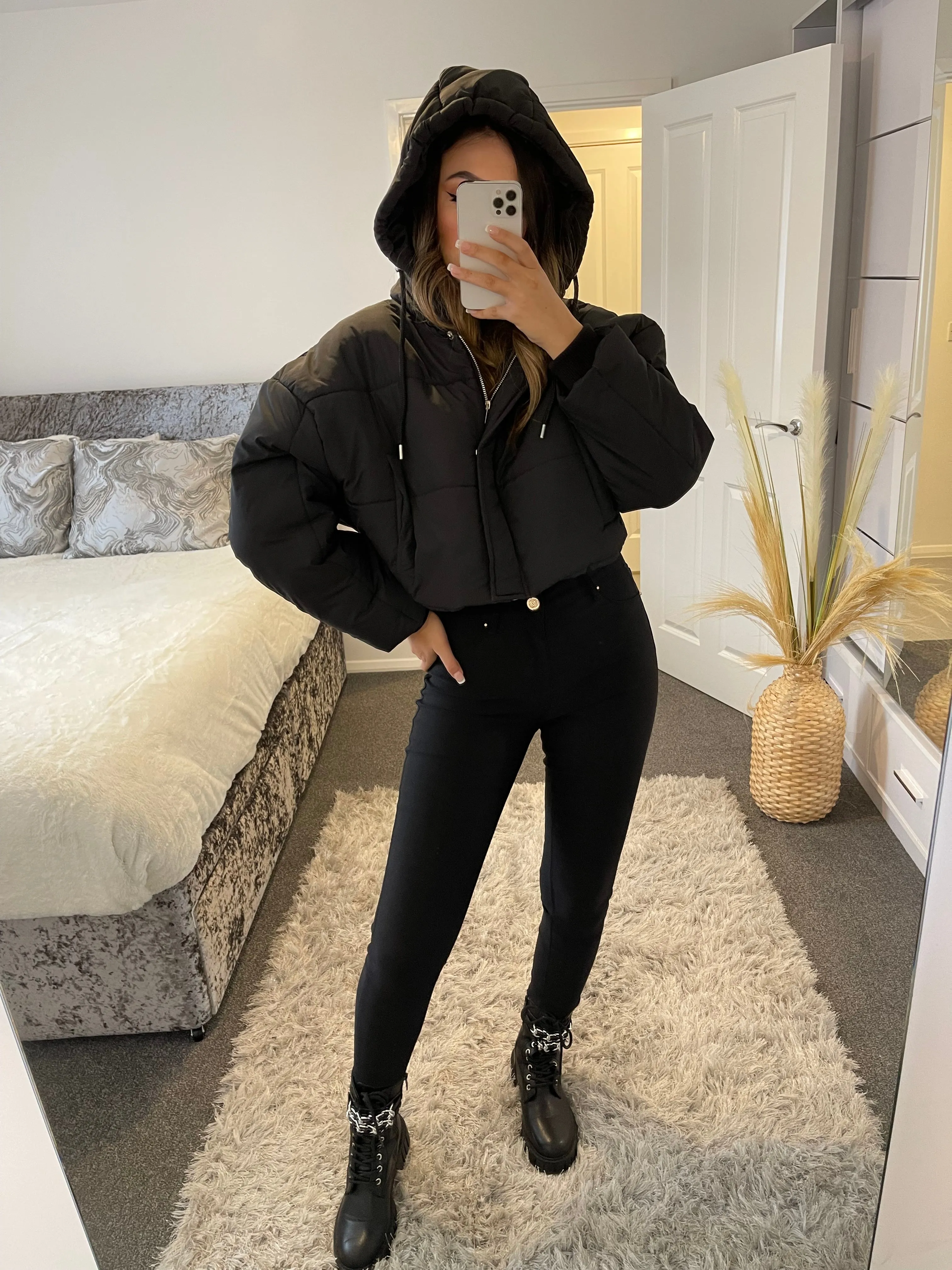 Frea Black Cropped Hooded Puffer Jacket