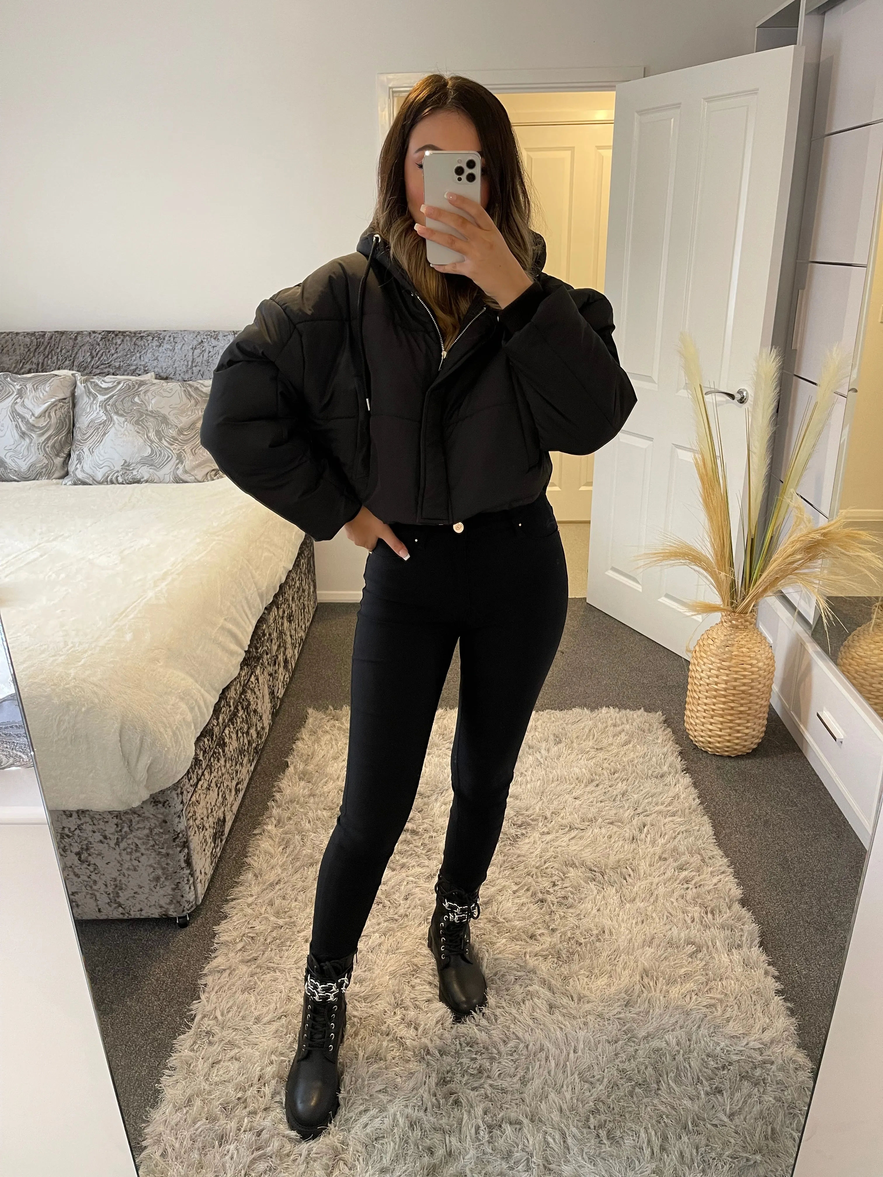 Frea Black Cropped Hooded Puffer Jacket