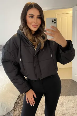 Frea Black Cropped Hooded Puffer Jacket