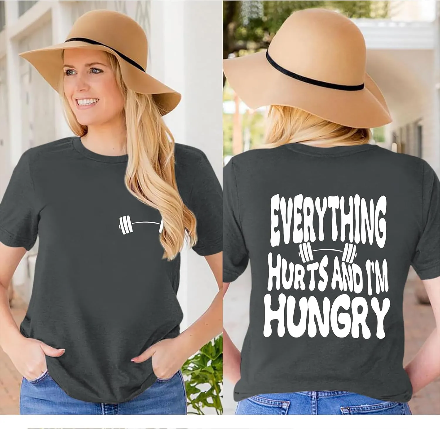 Funny Workout Gym Shirts Women Oversized Weightlifting Graphic Tshirt Everything Hurts and I'm Hungry Tee Tops