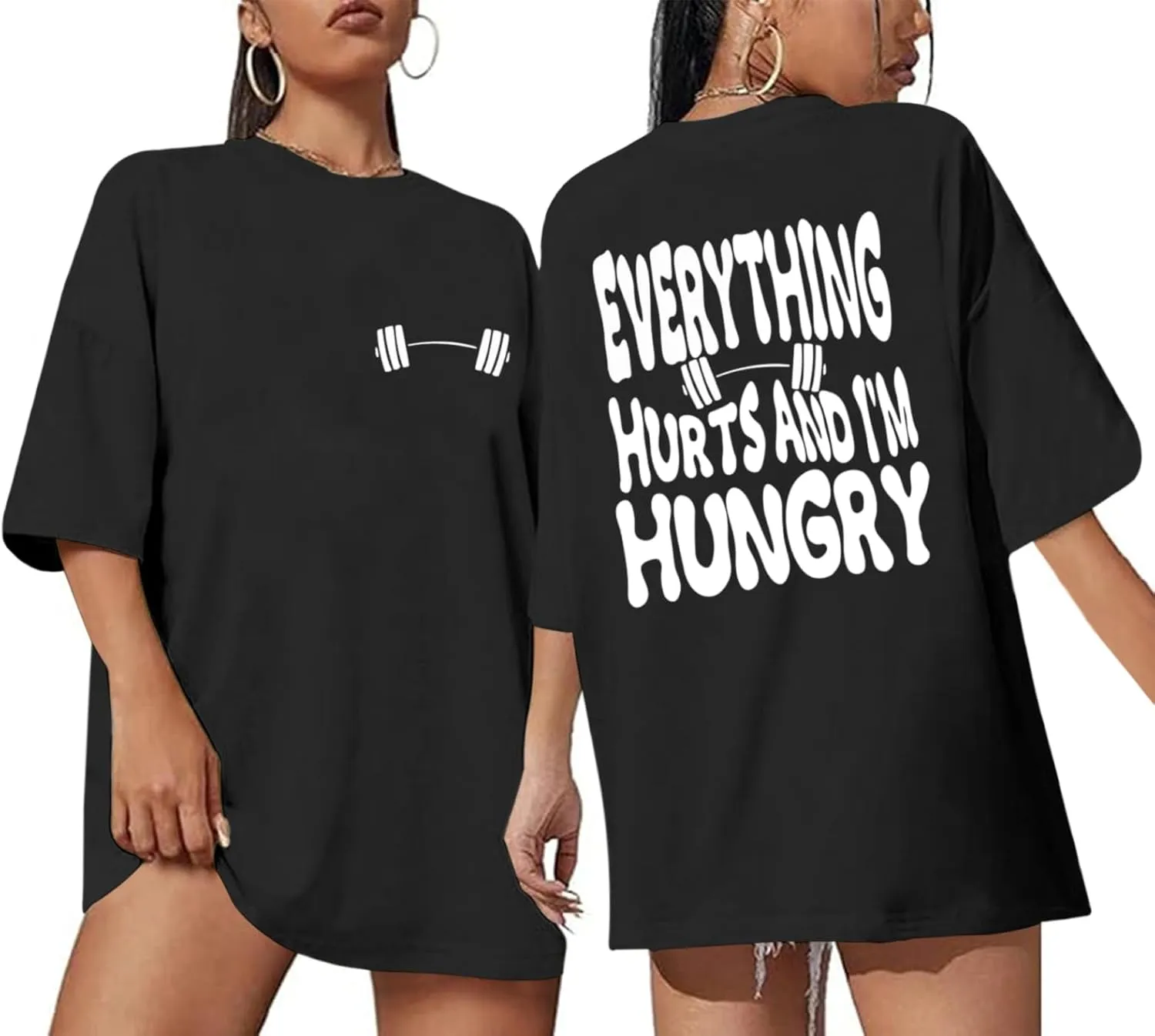 Funny Workout Gym Shirts Women Oversized Weightlifting Graphic Tshirt Everything Hurts and I'm Hungry Tee Tops
