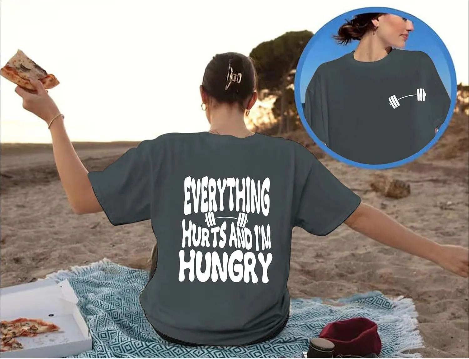 Funny Workout Gym Shirts Women Oversized Weightlifting Graphic Tshirt Everything Hurts and I'm Hungry Tee Tops