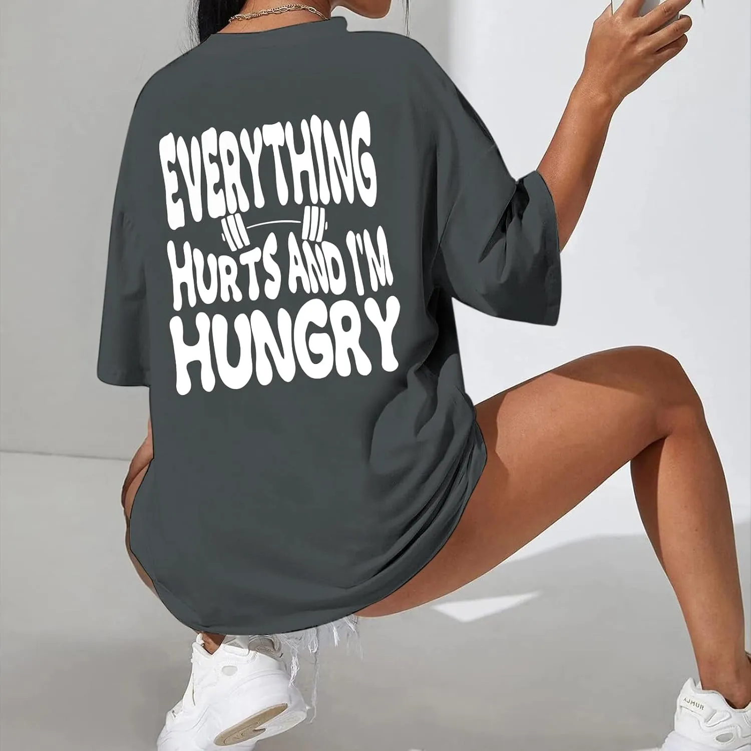 Funny Workout Gym Shirts Women Oversized Weightlifting Graphic Tshirt Everything Hurts and I'm Hungry Tee Tops