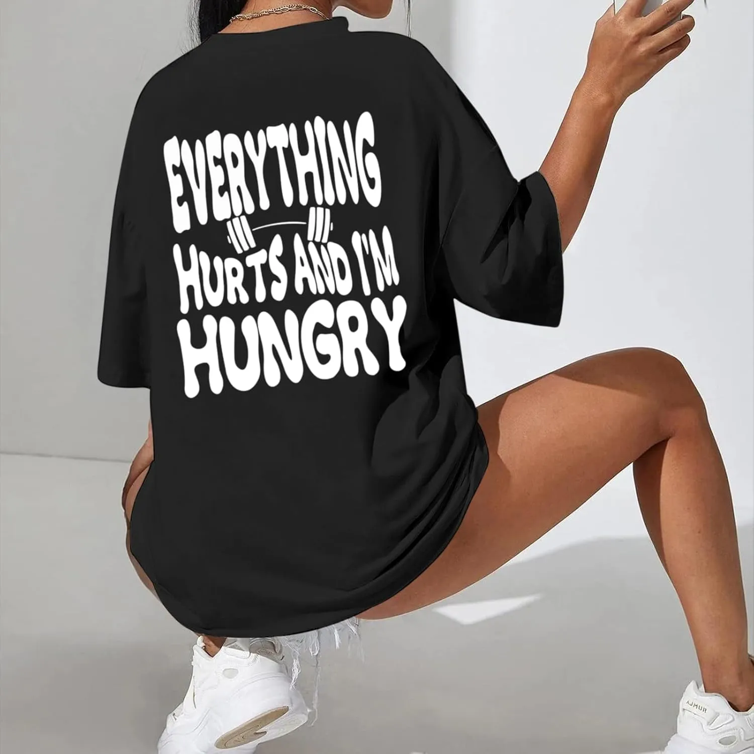 Funny Workout Gym Shirts Women Oversized Weightlifting Graphic Tshirt Everything Hurts and I'm Hungry Tee Tops