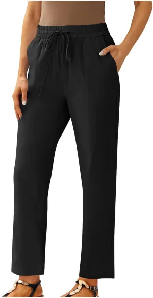 FZYLQY Womens Casual Cotton Linen Pants Summer Drawstring Elastic Waist Solid Plus Size Lounge Long Trousers with Pockets