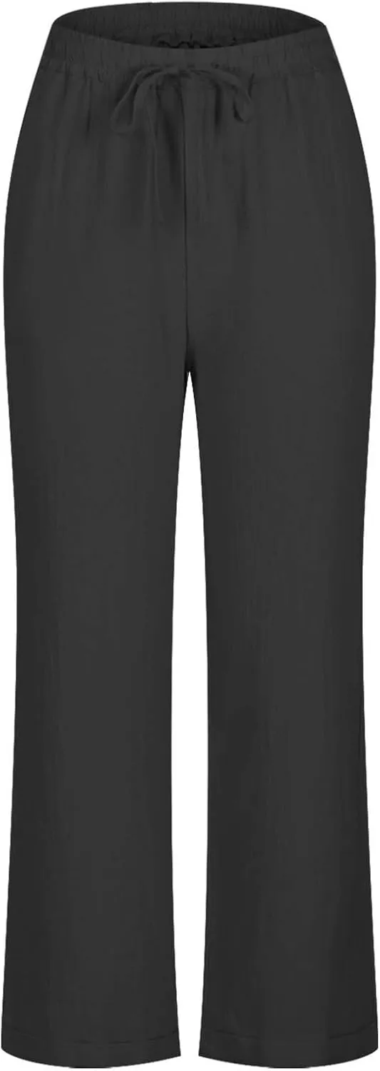 FZYLQY Womens Casual Cotton Linen Pants Summer Drawstring Elastic Waist Solid Plus Size Lounge Long Trousers with Pockets