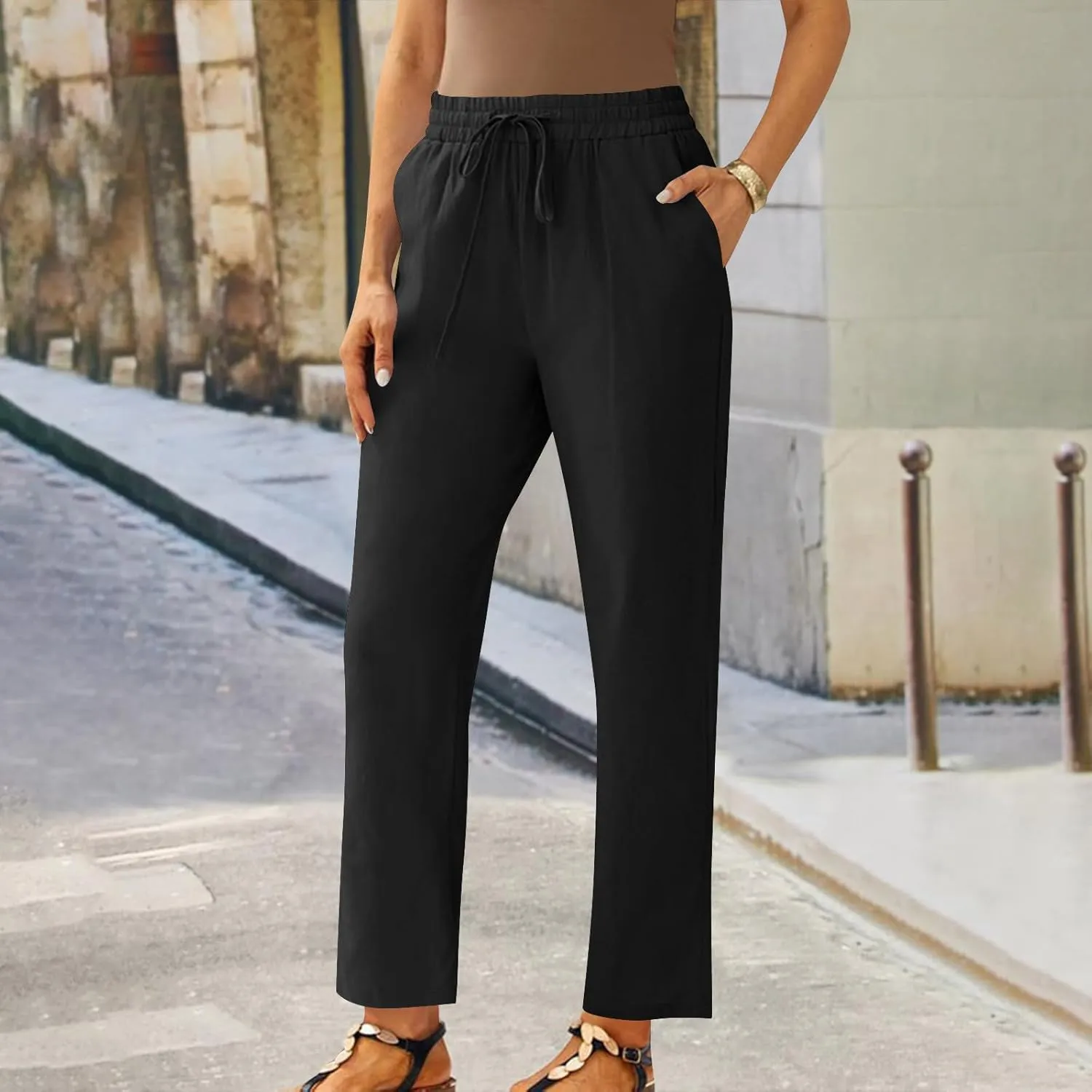 FZYLQY Womens Casual Cotton Linen Pants Summer Drawstring Elastic Waist Solid Plus Size Lounge Long Trousers with Pockets