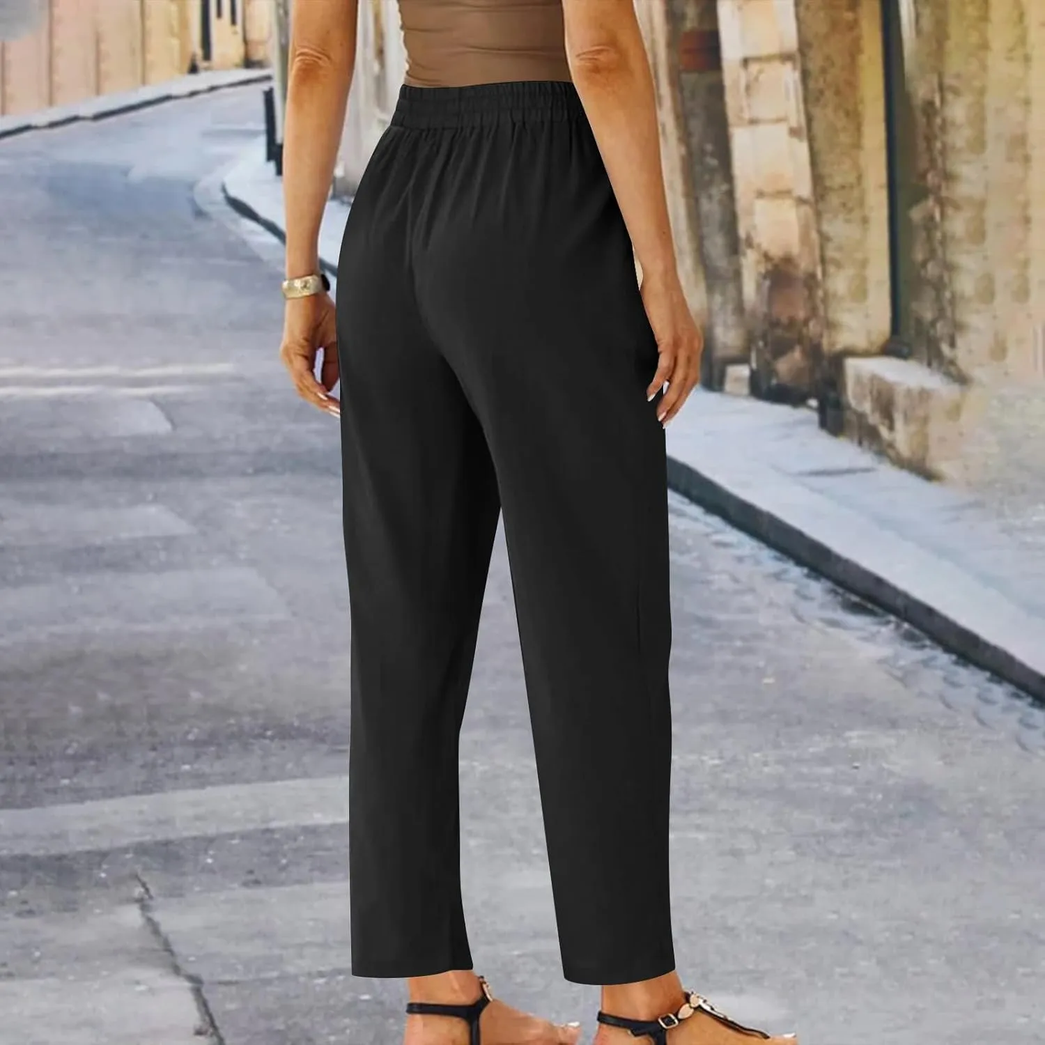 FZYLQY Womens Casual Cotton Linen Pants Summer Drawstring Elastic Waist Solid Plus Size Lounge Long Trousers with Pockets