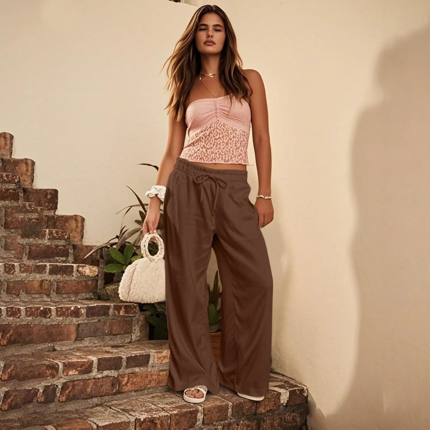 GOFULY Wide Leg Pants for Women Cotton Lined Beach 2025 Elastic Waist Drawstring Summer Pants High Waisted Solid Clothes