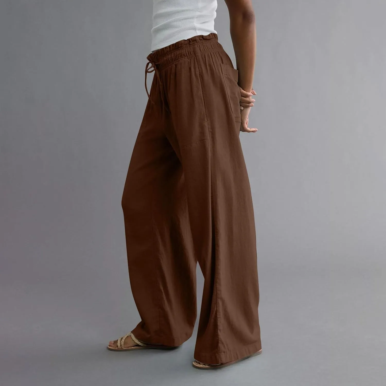 GOFULY Wide Leg Pants for Women Cotton Lined Beach 2025 Elastic Waist Drawstring Summer Pants High Waisted Solid Clothes
