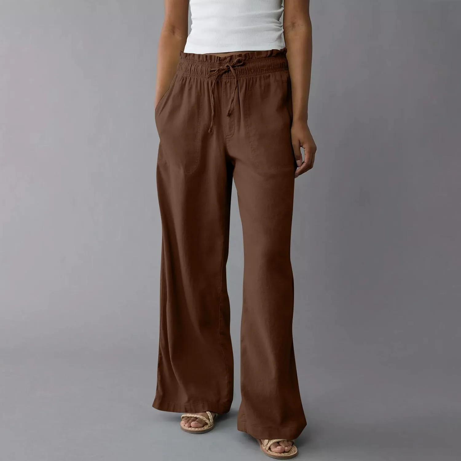 GOFULY Wide Leg Pants for Women Cotton Lined Beach 2025 Elastic Waist Drawstring Summer Pants High Waisted Solid Clothes