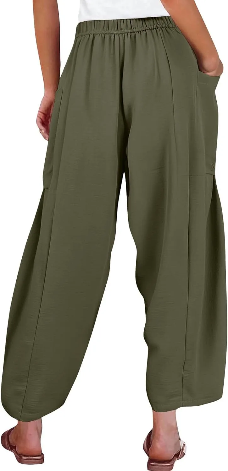 GOFULY Womens Linen Pants Wide Leg Casual High Waisted Casual Pants Drawstring Elastic Waist Summer Solid Clothes Pockets