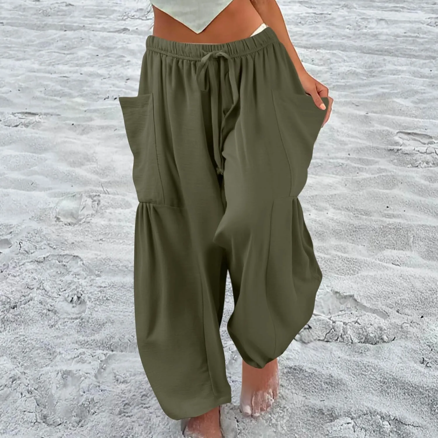 GOFULY Womens Linen Pants Wide Leg Casual High Waisted Casual Pants Drawstring Elastic Waist Summer Solid Clothes Pockets