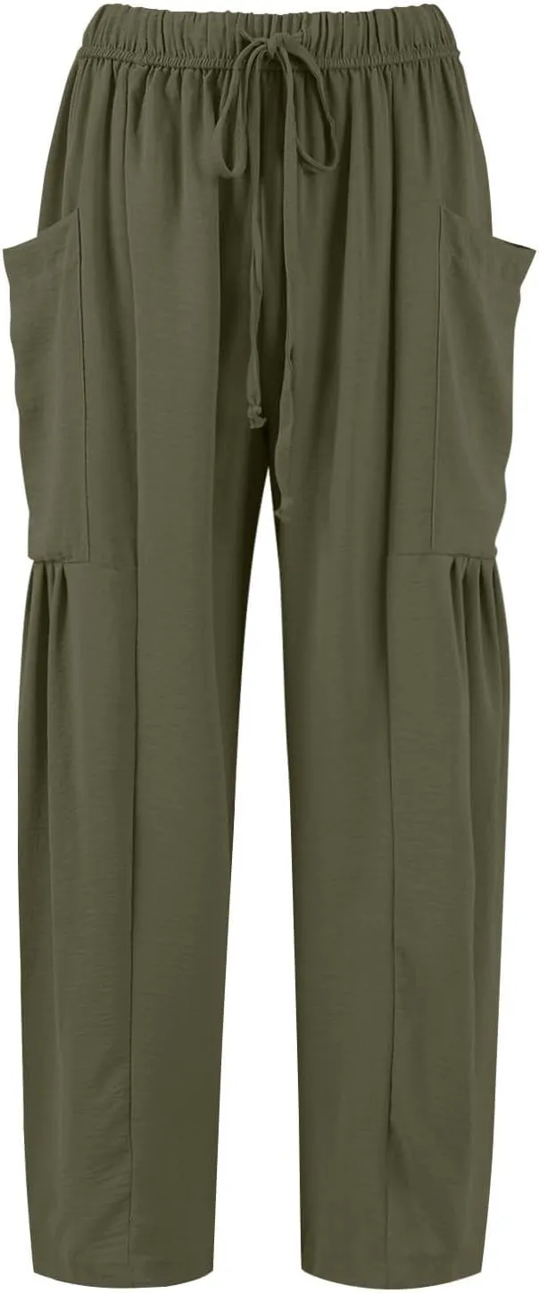 GOFULY Womens Linen Pants Wide Leg Casual High Waisted Casual Pants Drawstring Elastic Waist Summer Solid Clothes Pockets