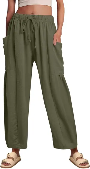 GOFULY Womens Linen Pants Wide Leg Casual High Waisted Casual Pants Drawstring Elastic Waist Summer Solid Clothes Pockets