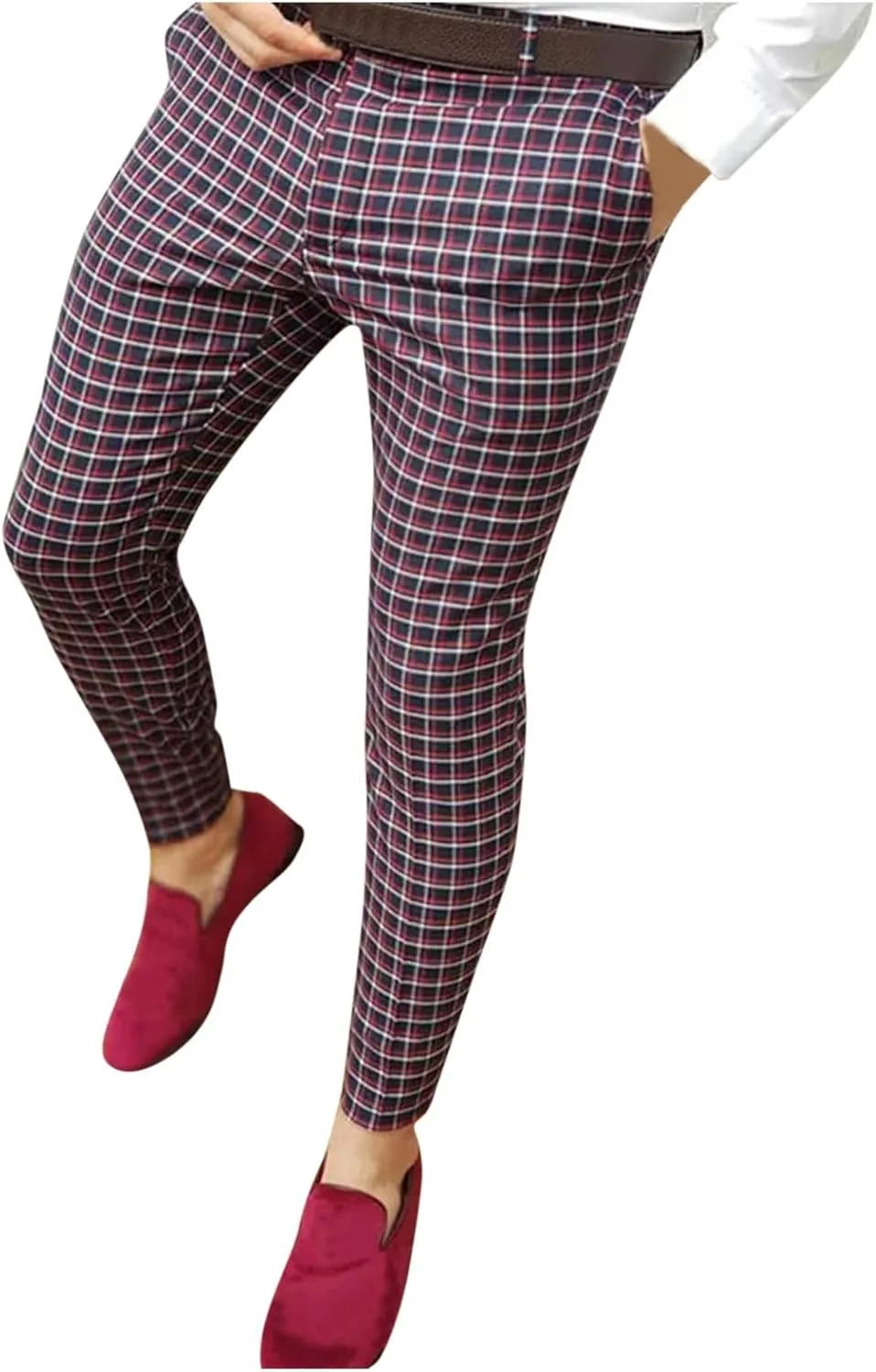 GOKKILRW Chinos for Men Casual Slim Fit Dress Pants Plaid Stretch Flat-Front Skinny Pants Business Work Pencil Lounge Pants