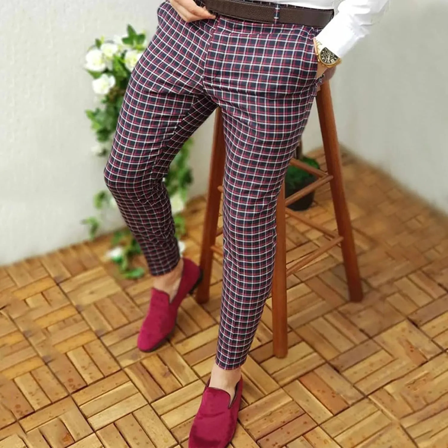 GOKKILRW Chinos for Men Casual Slim Fit Dress Pants Plaid Stretch Flat-Front Skinny Pants Business Work Pencil Lounge Pants