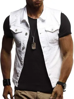 GOKKILRW Mens Casual Button Up Loose Denim Vests Sleeveless Slim Fit Vintage Casual Ripped Jean Waistcoat Motorcycle Jacket