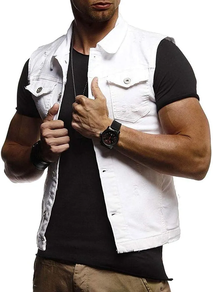 GOKKILRW Mens Casual Button Up Loose Denim Vests Sleeveless Slim Fit Vintage Casual Ripped Jean Waistcoat Motorcycle Jacket