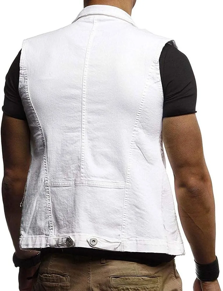 GOKKILRW Mens Casual Button Up Loose Denim Vests Sleeveless Slim Fit Vintage Casual Ripped Jean Waistcoat Motorcycle Jacket
