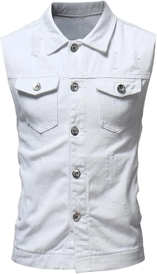 GOKKILRW Mens Casual Button Up Loose Denim Vests Sleeveless Slim Fit Vintage Casual Ripped Jean Waistcoat Motorcycle Jacket