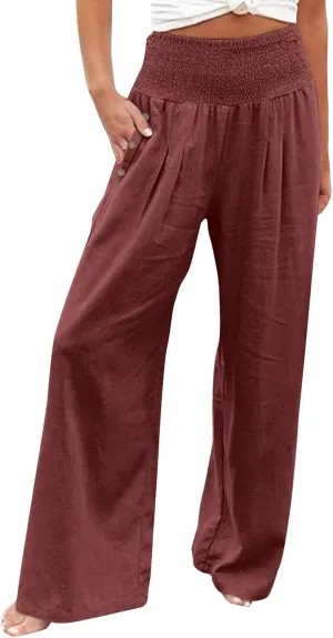 GOKKILRW Women Linen Palazzo Pants Summer Boho Wide Leg Slacks High Waist Flowy Casual Beachwear 2025 Travel Vacation Trouser