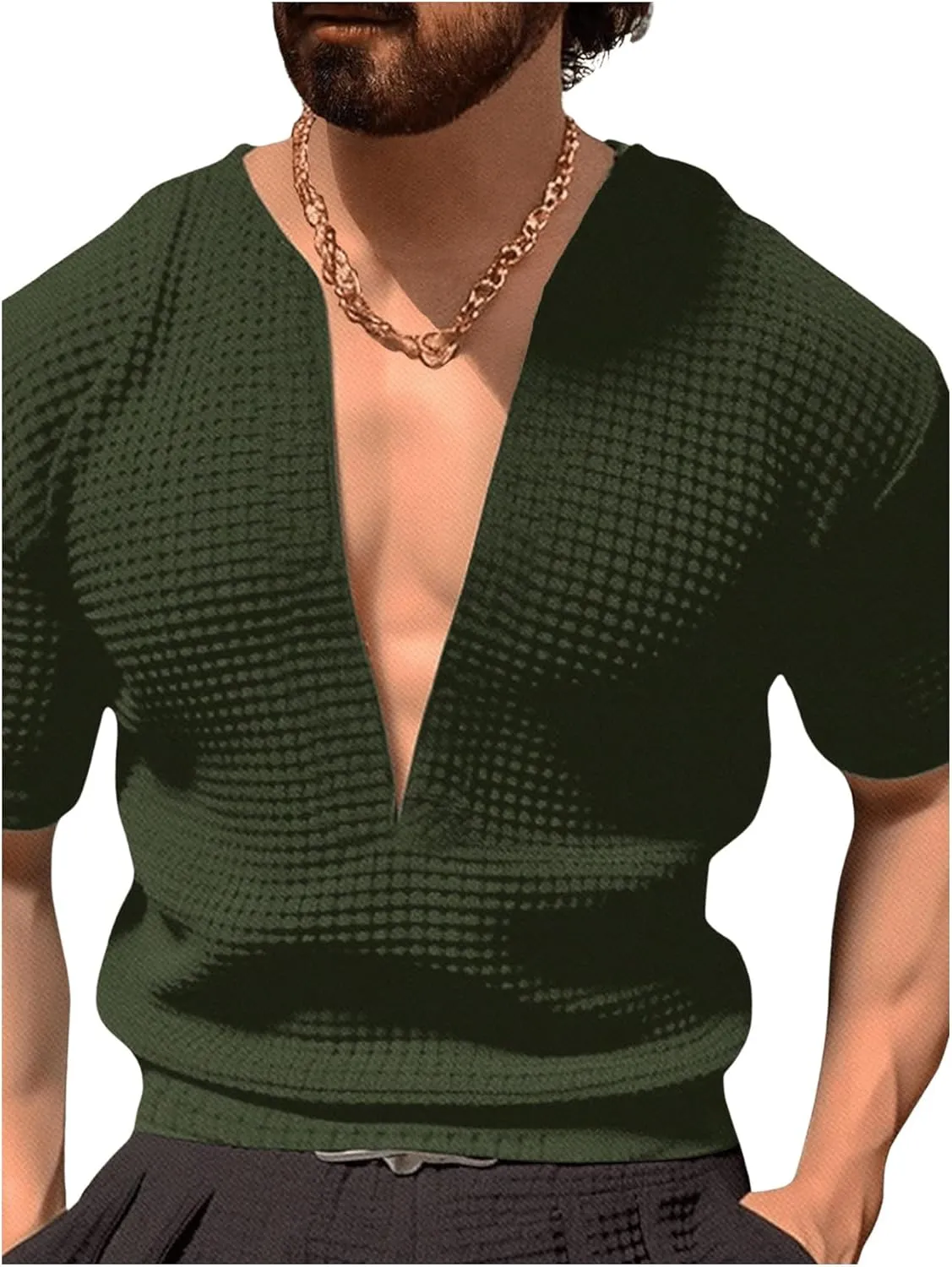 GORGLITTER Men's Deep V Neck Waffle Knit Shirt Casual Short Sleeve Solid Tee Shirts