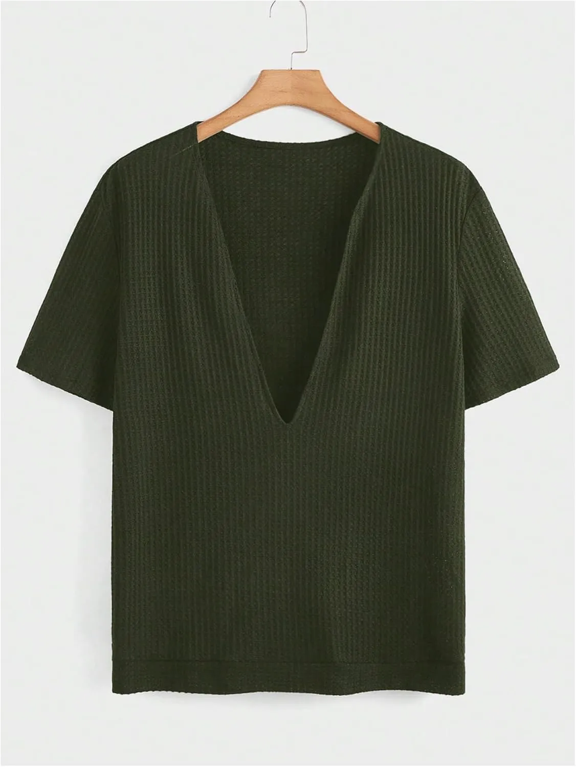 GORGLITTER Men's Deep V Neck Waffle Knit Shirt Casual Short Sleeve Solid Tee Shirts