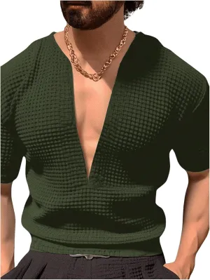 GORGLITTER Men's Deep V Neck Waffle Knit Shirt Casual Short Sleeve Solid Tee Shirts