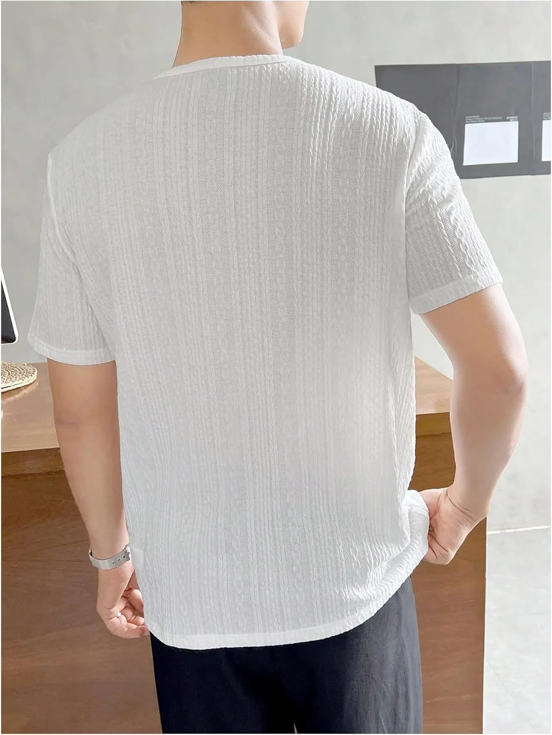 GORGLITTER Men's Deep V Neck Waffle Knit Shirt Casual Short Sleeve Solid Tee Shirts