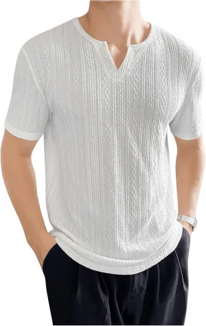 GORGLITTER Men's Deep V Neck Waffle Knit Shirt Casual Short Sleeve Solid Tee Shirts