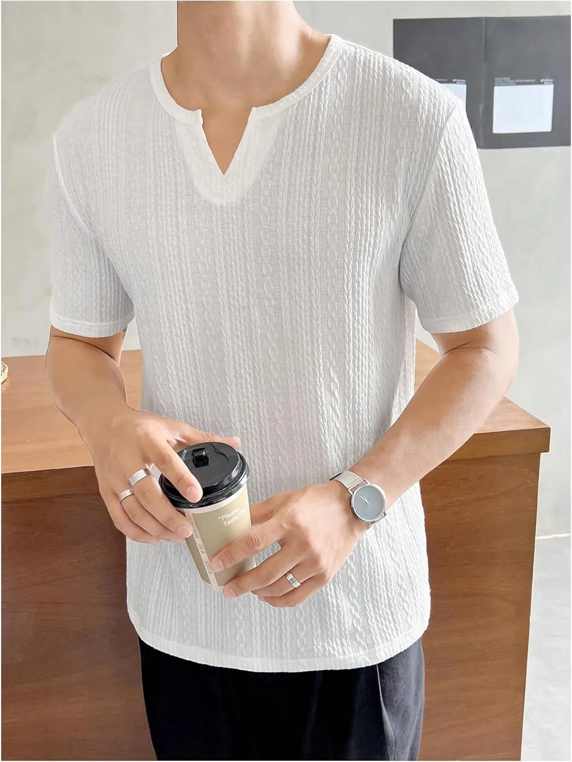 GORGLITTER Men's Deep V Neck Waffle Knit Shirt Casual Short Sleeve Solid Tee Shirts