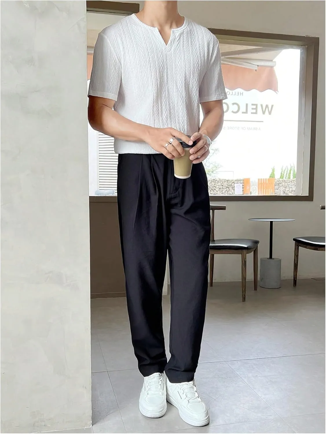 GORGLITTER Men's Deep V Neck Waffle Knit Shirt Casual Short Sleeve Solid Tee Shirts