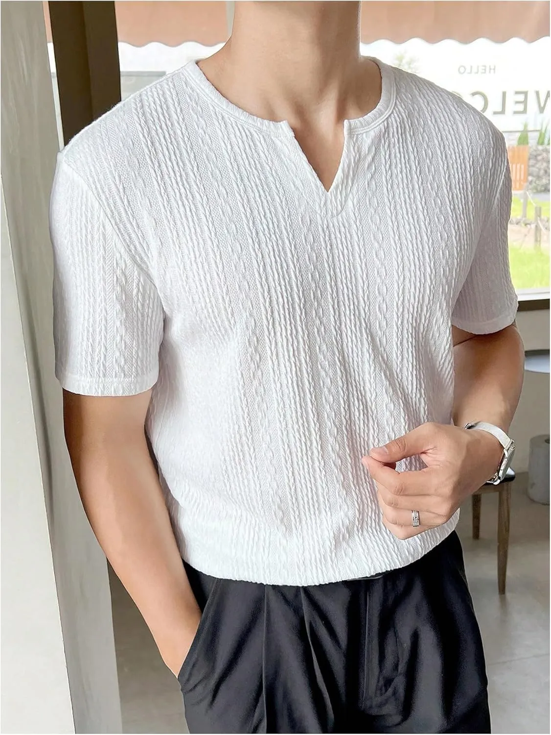 GORGLITTER Men's Deep V Neck Waffle Knit Shirt Casual Short Sleeve Solid Tee Shirts