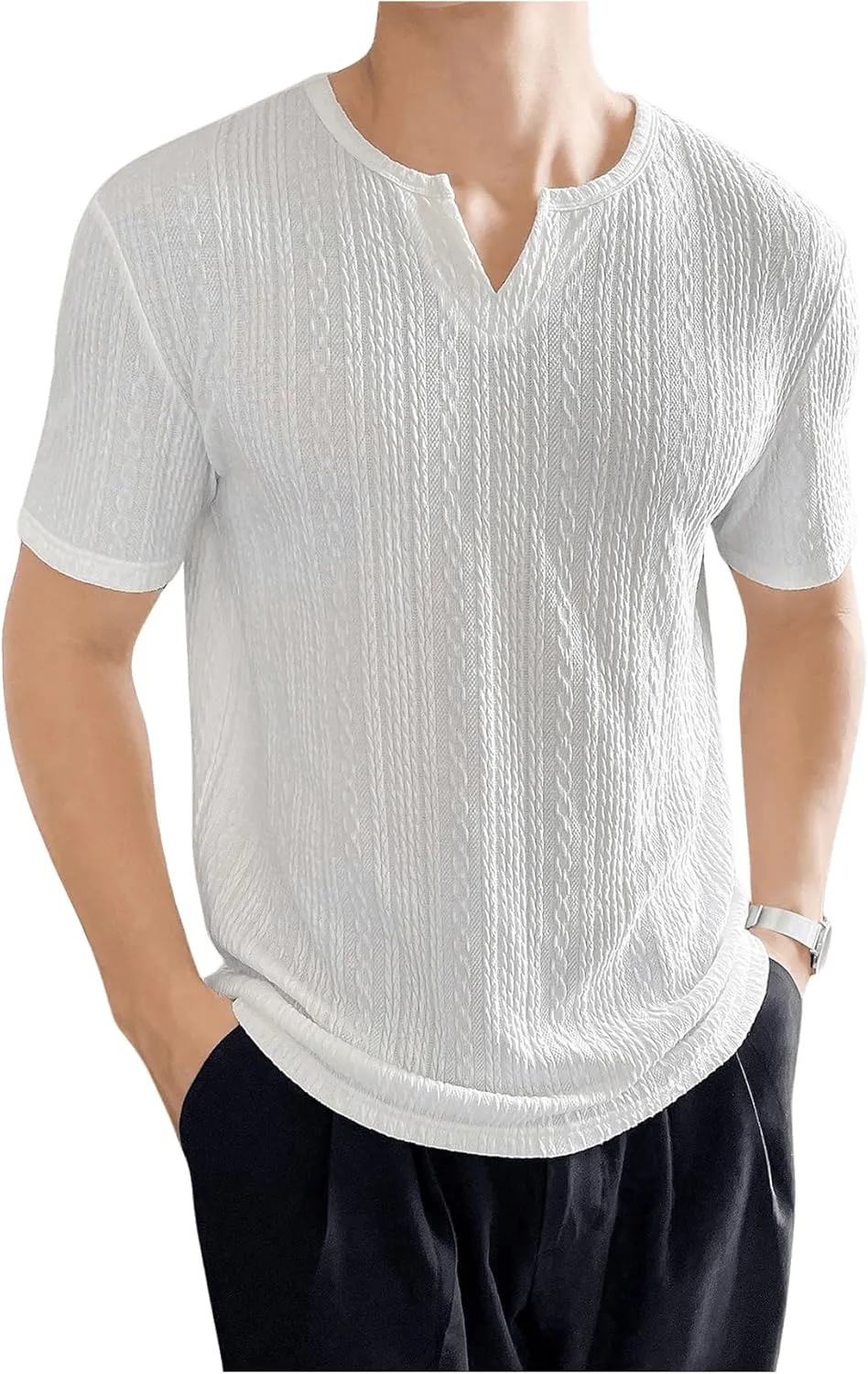 GORGLITTER Men's Deep V Neck Waffle Knit Shirt Casual Short Sleeve Solid Tee Shirts