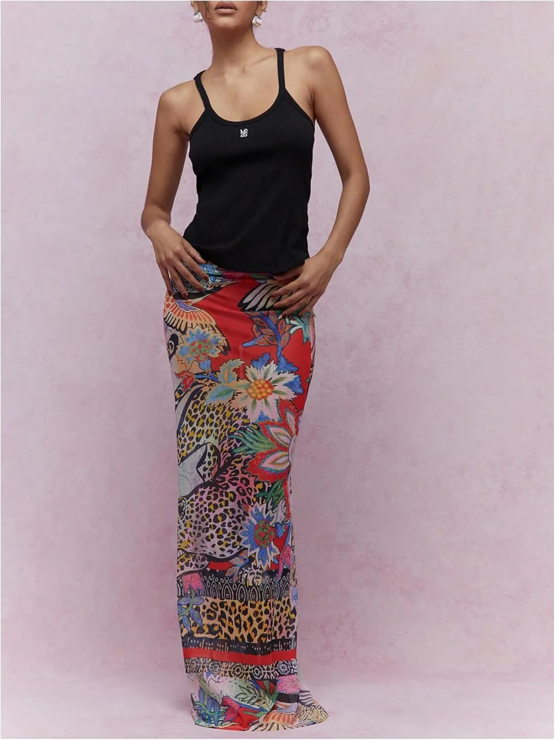 GORGLITTER Women's Cheetah Print Boho Maxi Skirt Y2k Mesh Bodycon Long Skirts