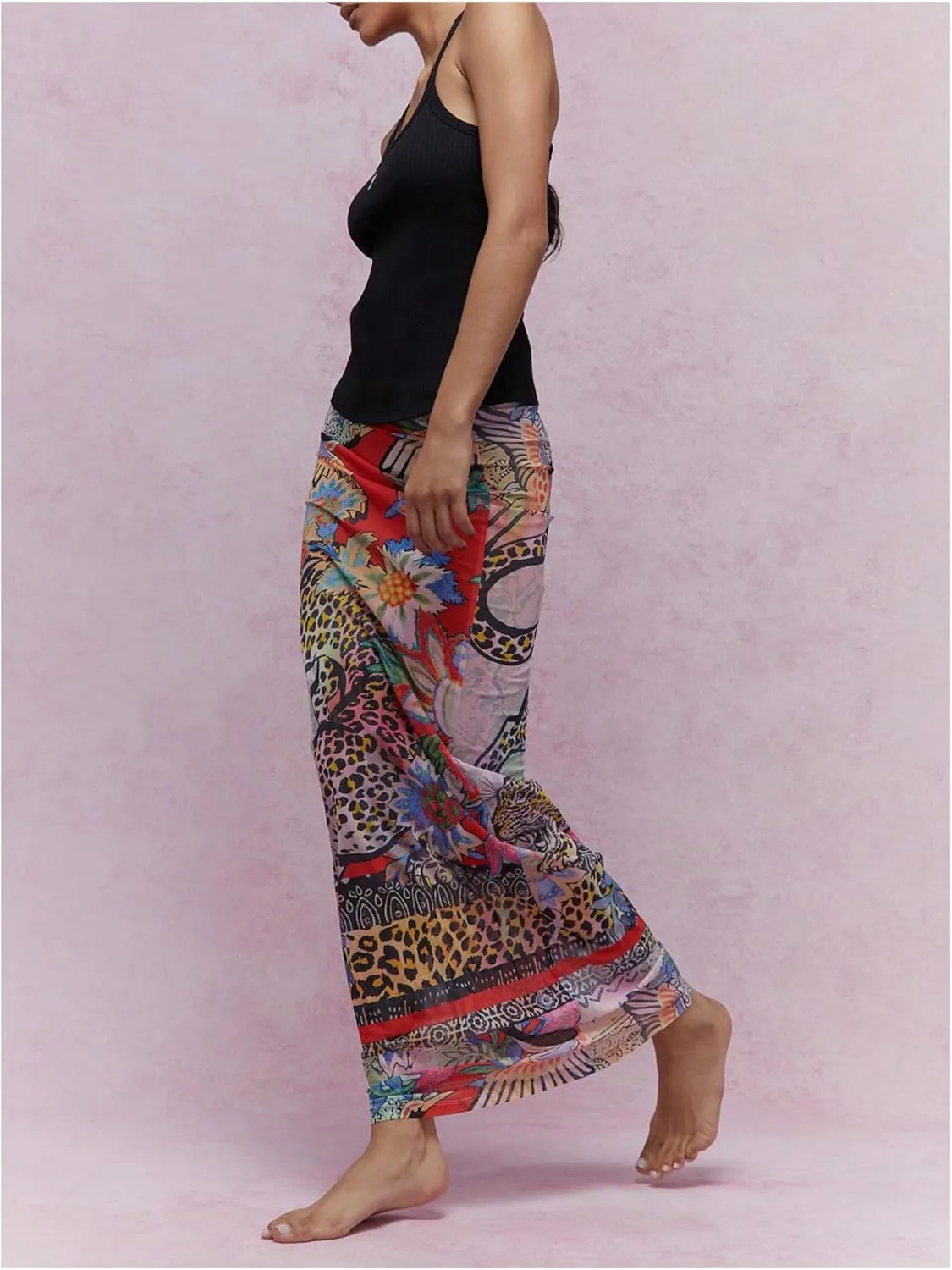 GORGLITTER Women's Cheetah Print Boho Maxi Skirt Y2k Mesh Bodycon Long Skirts