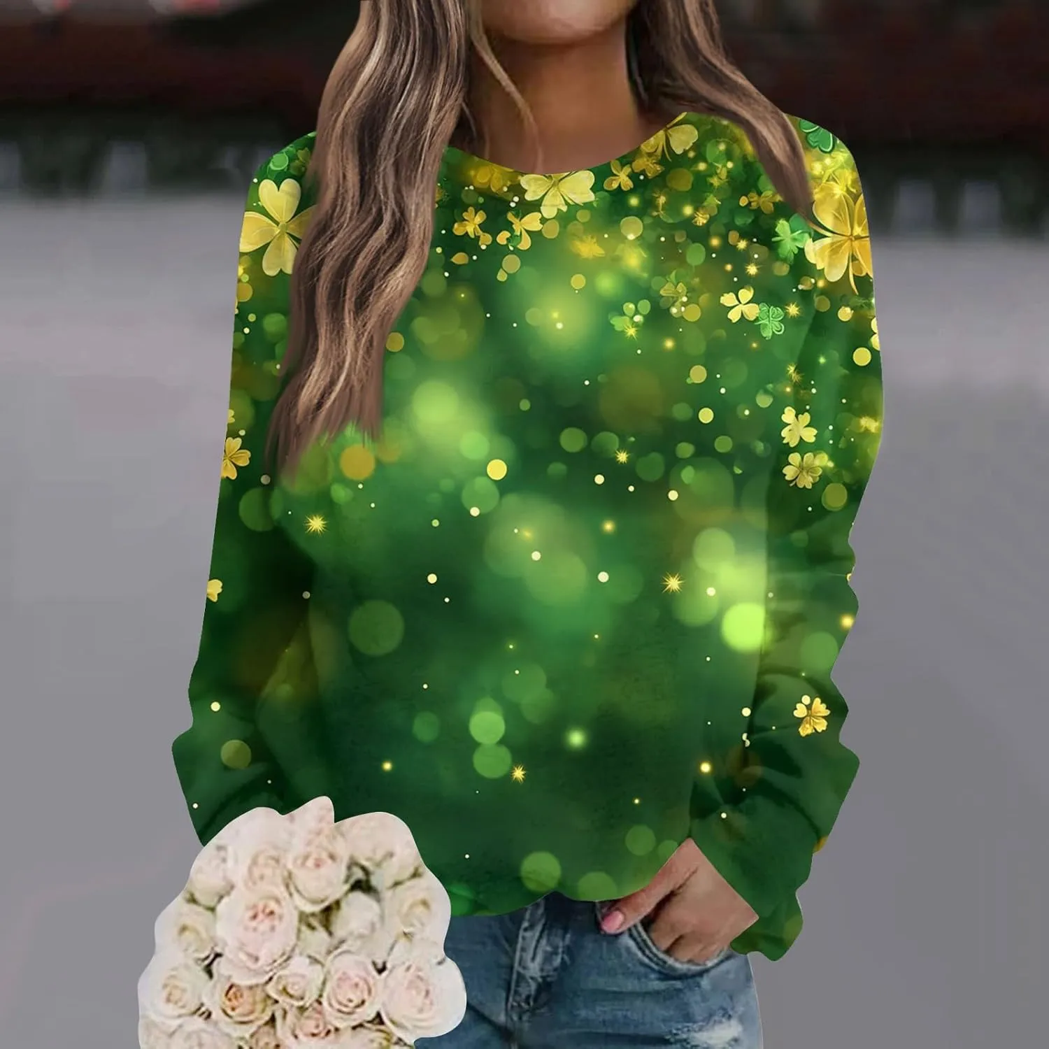 Green St Patricks Day SweatshirtWomens Long Sleeve Sweatshirt Round Neck Shamrock Print Loose Pullover