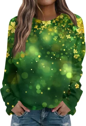 Green St Patricks Day SweatshirtWomens Long Sleeve Sweatshirt Round Neck Shamrock Print Loose Pullover