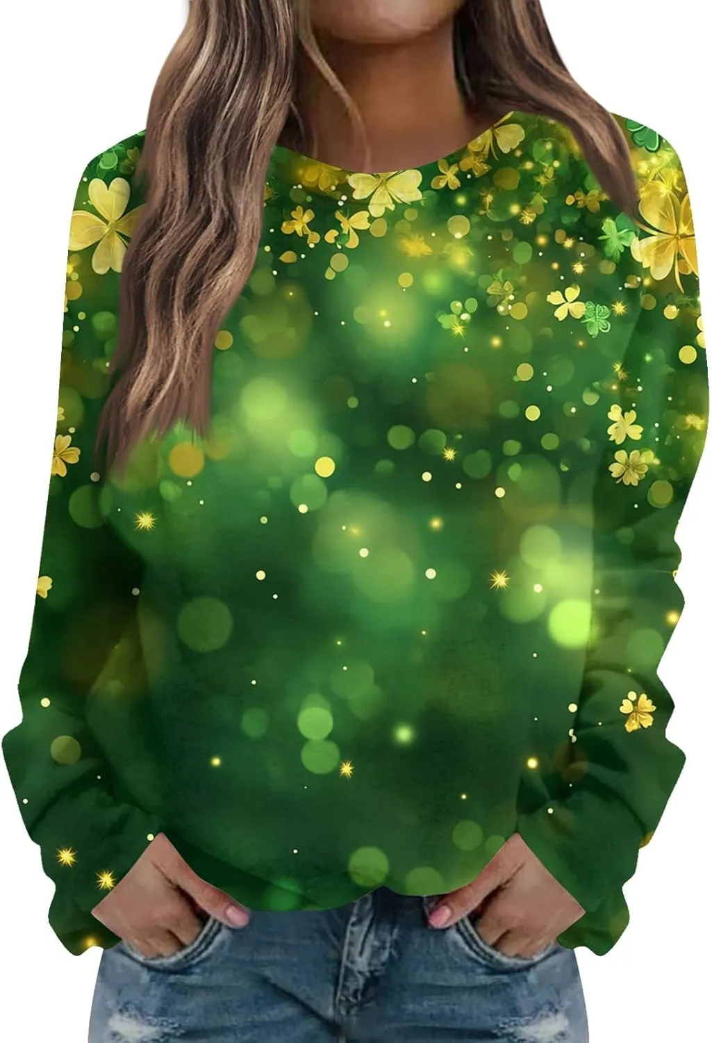 Green St Patricks Day SweatshirtWomens Long Sleeve Sweatshirt Round Neck Shamrock Print Loose Pullover