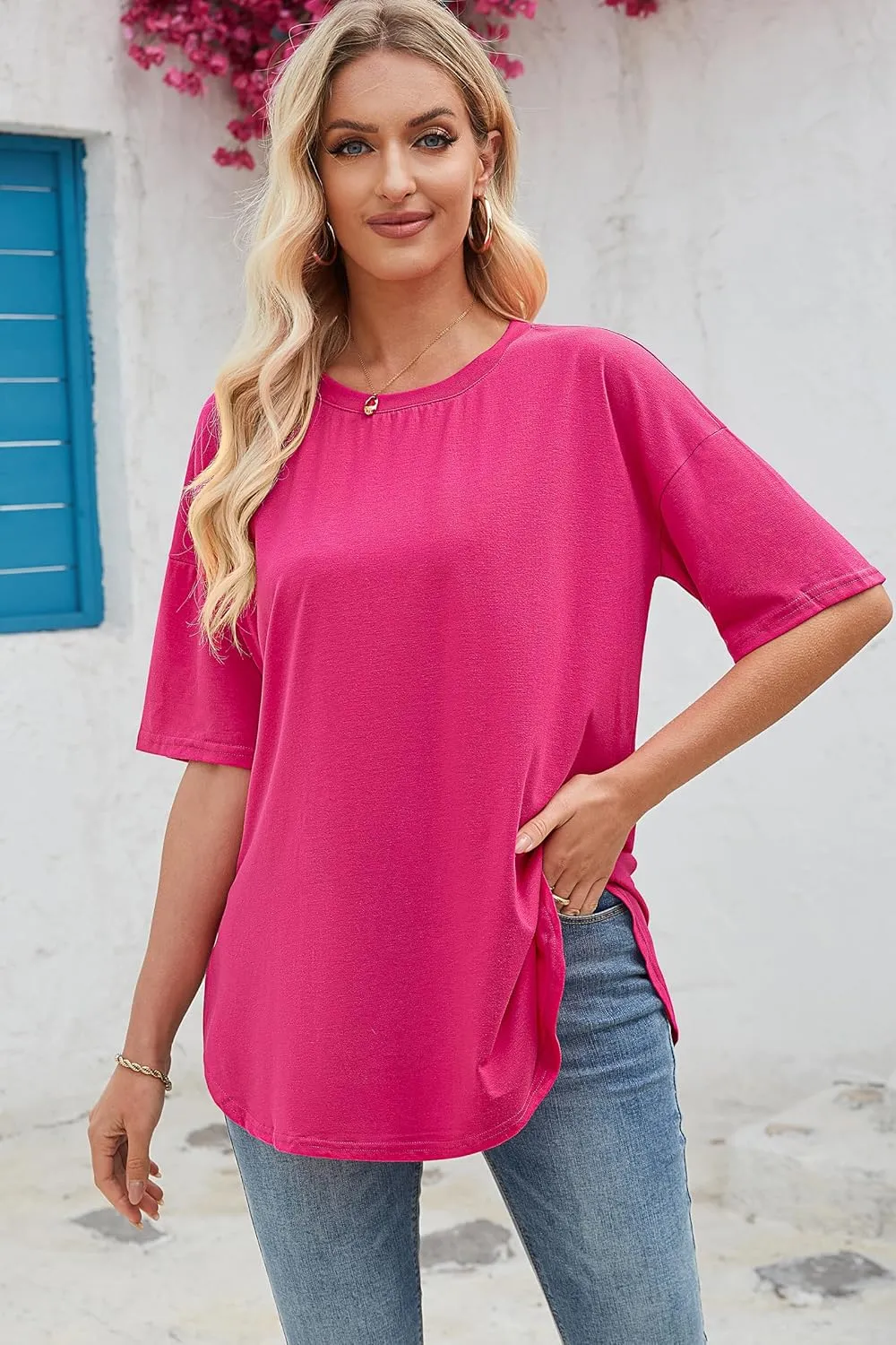 Halife Women's Oversized T Shirts Summer Crew Neck Short Sleeve T-Shirt Split Curved Hem Basic Casual Loose Tunic Tops Tshirt