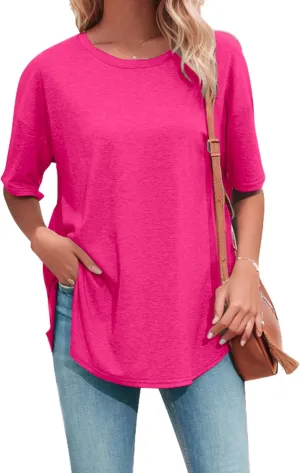 Halife Women's Oversized T Shirts Summer Crew Neck Short Sleeve T-Shirt Split Curved Hem Basic Casual Loose Tunic Tops Tshirt