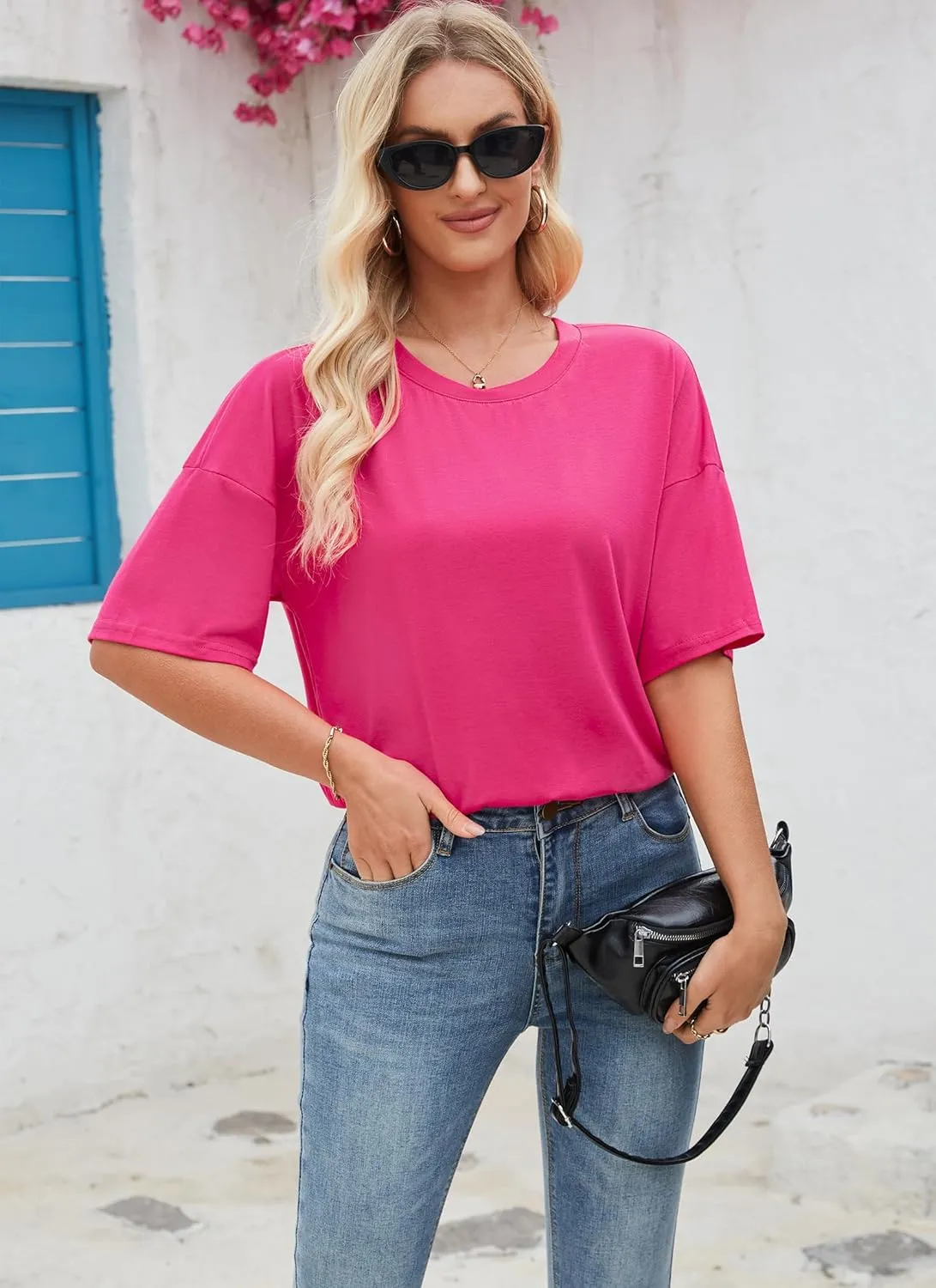 Halife Women's Oversized T Shirts Summer Crew Neck Short Sleeve T-Shirt Split Curved Hem Basic Casual Loose Tunic Tops Tshirt