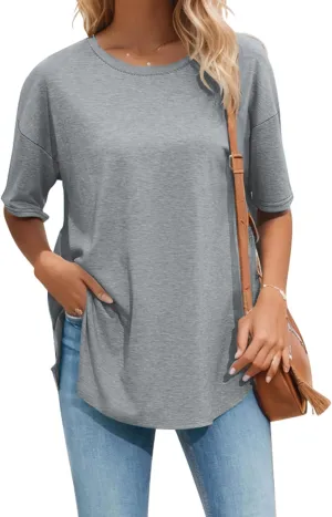 Halife Women's Oversized T Shirts Summer Crew Neck Short Sleeve T-Shirt Split Curved Hem Basic Casual Loose Tunic Tops Tshirt
