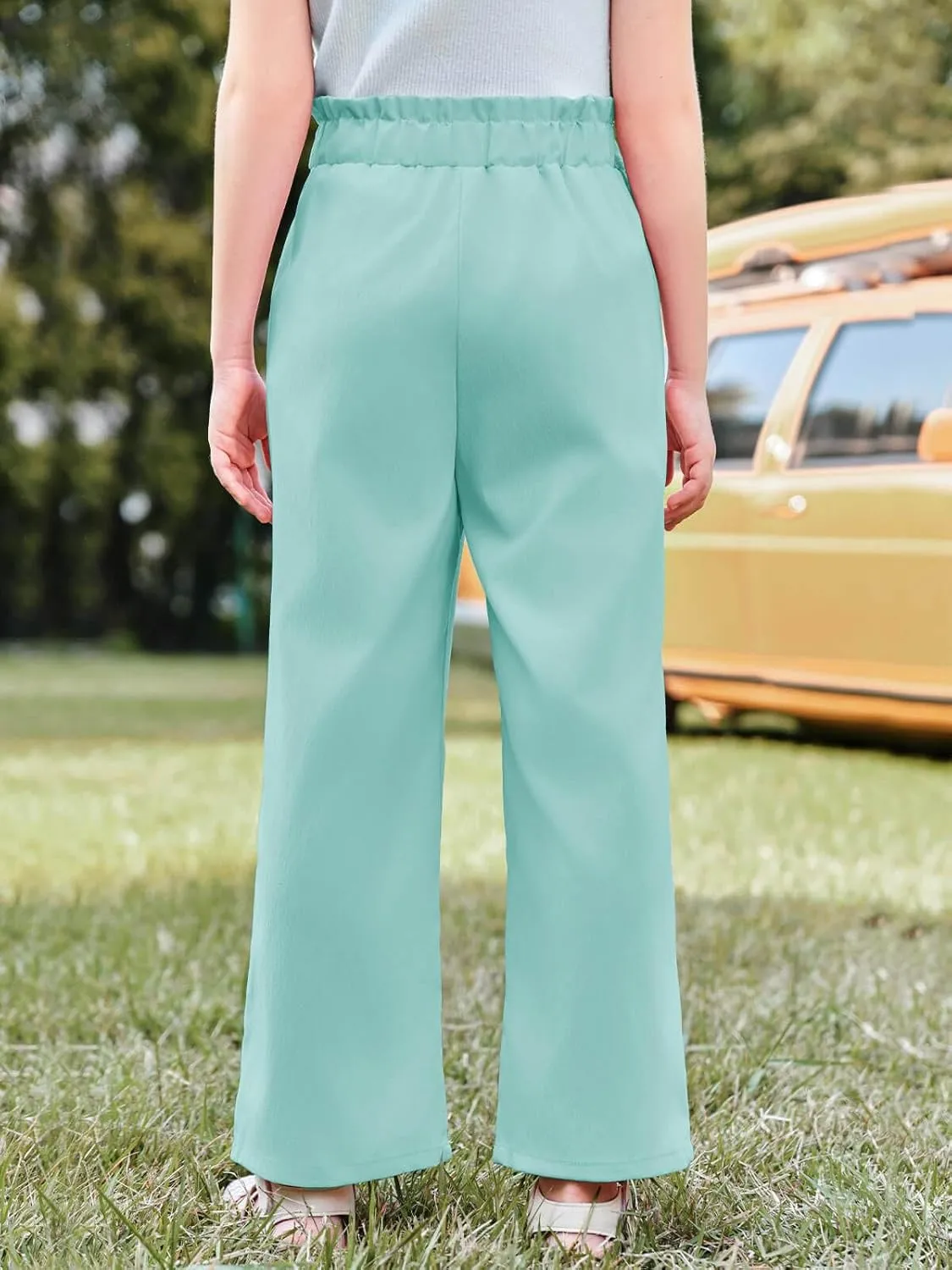 Haloumoning Girls Wide Leg Pants High Elastic Smocked Waist Casual Flowy Cute Long Trousers