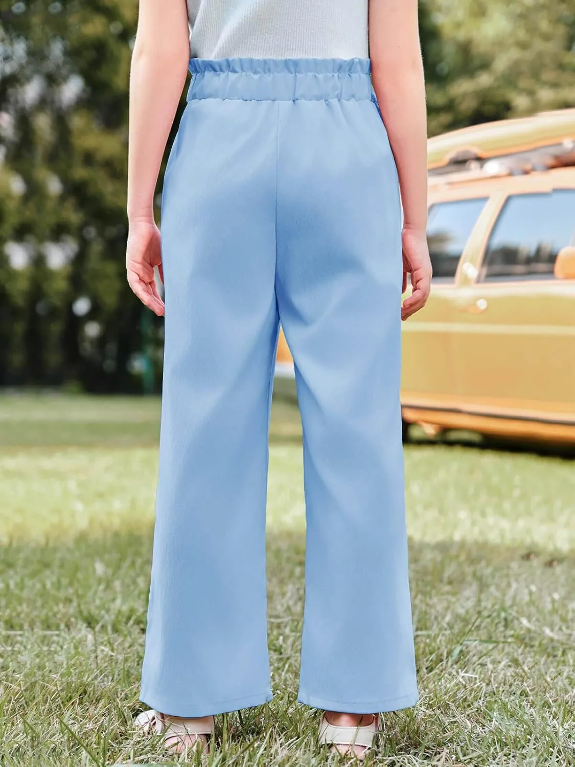 Haloumoning Girls Wide Leg Pants High Elastic Smocked Waist Casual Flowy Cute Long Trousers