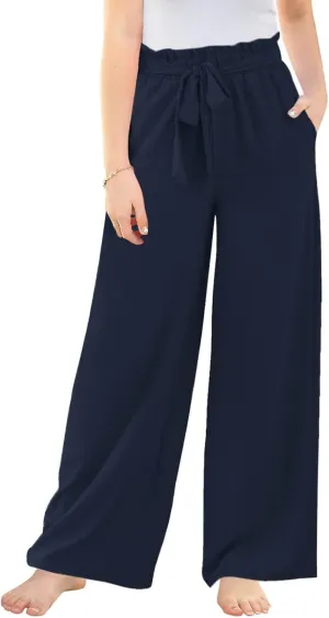 Haloumoning Girls Wide Leg Pants High Elastic Smocked Waist Casual Flowy Cute Long Trousers