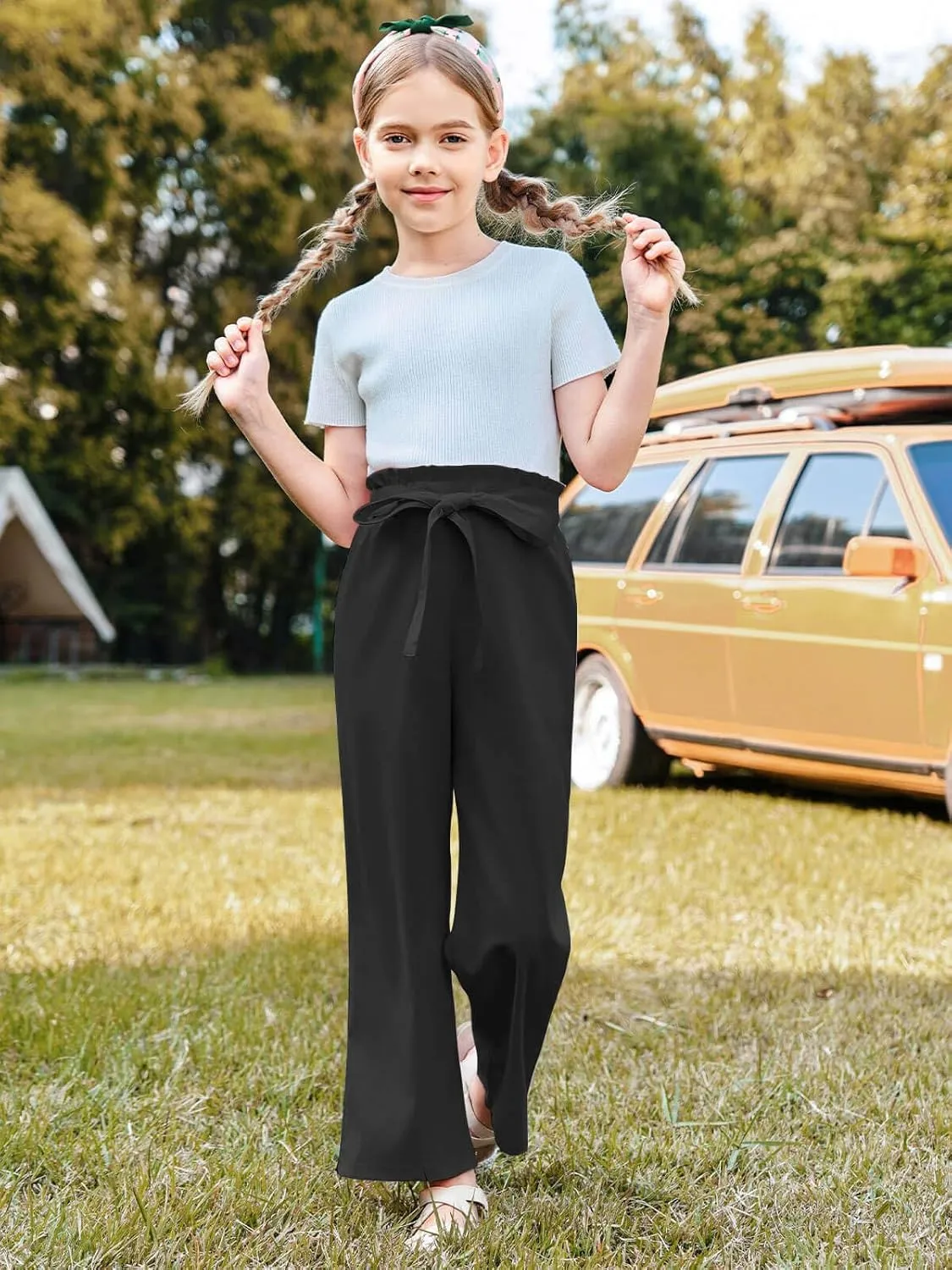 Haloumoning Girls Wide Leg Pants High Elastic Smocked Waist Casual Flowy Cute Long Trousers