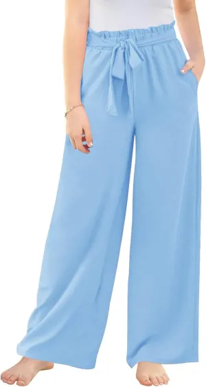 Haloumoning Girls Wide Leg Pants High Elastic Smocked Waist Casual Flowy Cute Long Trousers